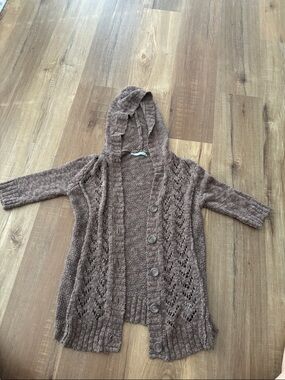 Hooded Openwork Button-Front Cardigan in Brown